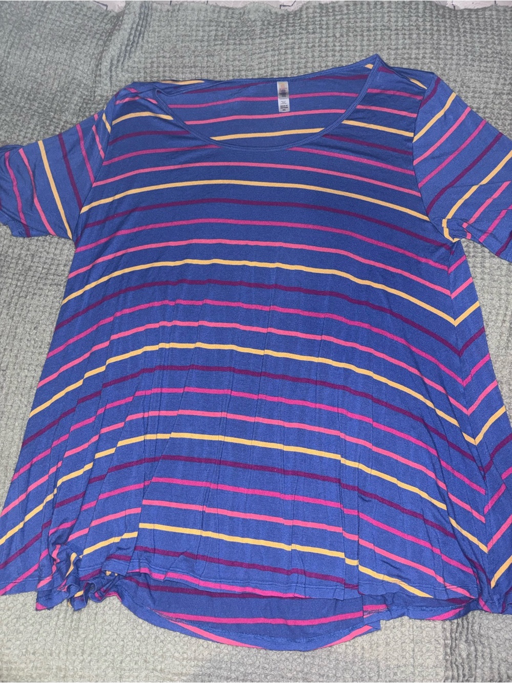 LuLaRoe Short Sleeve Scoop Neck Top - Blue with Pink & Yellow Stripes